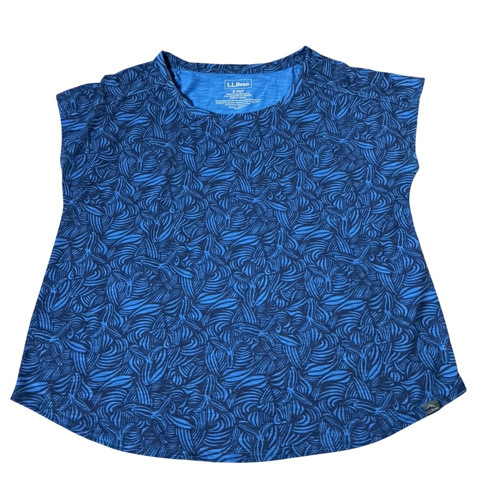 LL Bean Abstract Print Tee Shirt Womens S Pet Blue Short Sleeve Spandex 525752